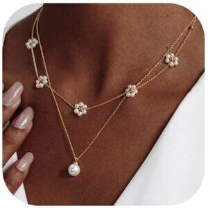 Gold Jewelry Set Women Dainty Daisy Pearl Choker Earrings Bracelet Wedding Gift